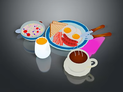 Delicious Breakfast Spread With Oatmeal Toast Fried Eggs Sausages Boiled Egg And Coffee 3d model