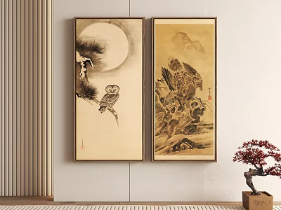 Traditional Animal Art Paintings Including Owl Pine Moon And Eagle 3d model
