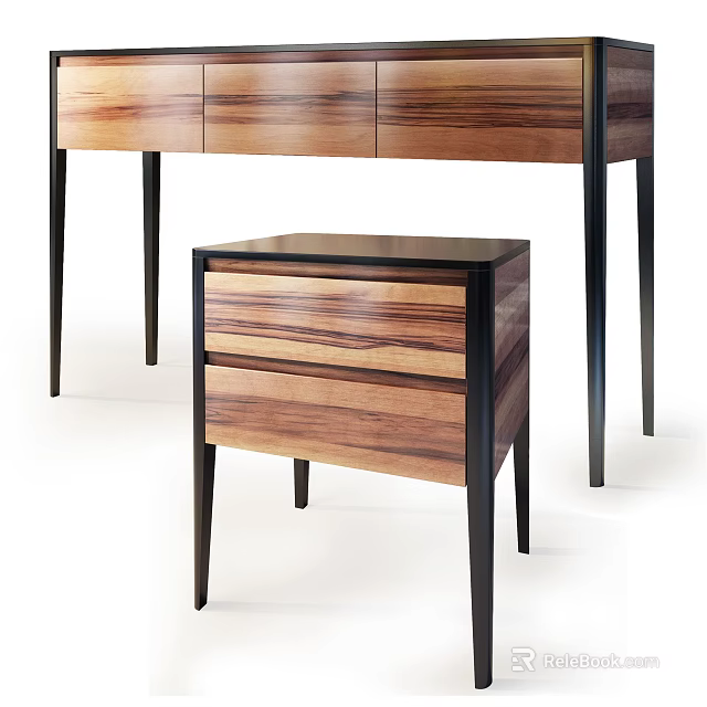 Modern Wooden Desk With Drawers And Black Metal Legs For Home Study 3d model 