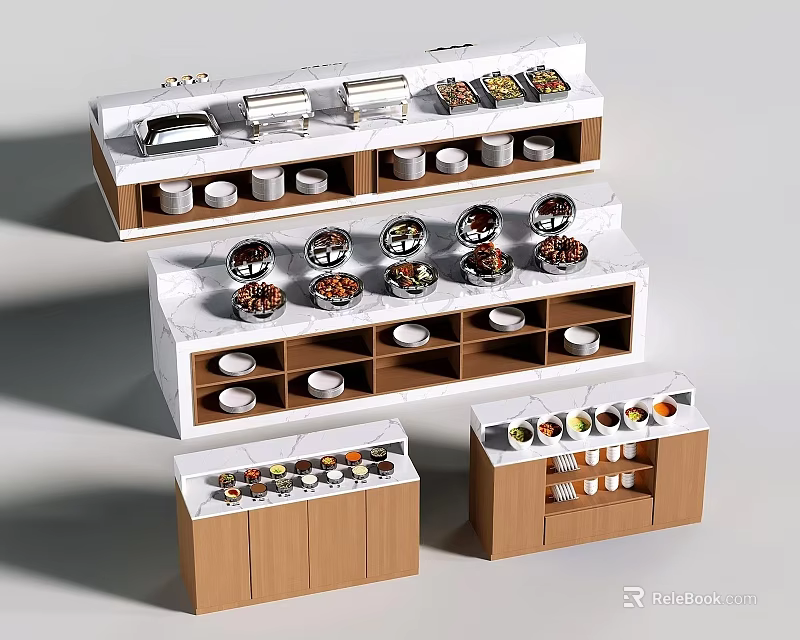 Modern Tiered Design Buffet Bar With Marble Countertop Wooden Cabinets Food Display Shelves 3d model 
