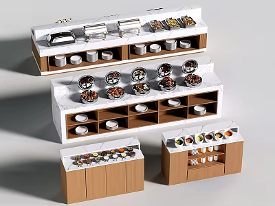 Modern Tiered Design Buffet Bar With Marble Countertop Wooden Cabinets Food Display Shelves 3d model