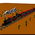 Toy Train in Desert Landscape with Red Carriages Black Locomotive and Green Cactus Plants