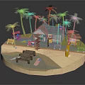 Tropical Garden Landscape With Palm Trees Beach Cabin Wooden Dock Benches And Surfboard