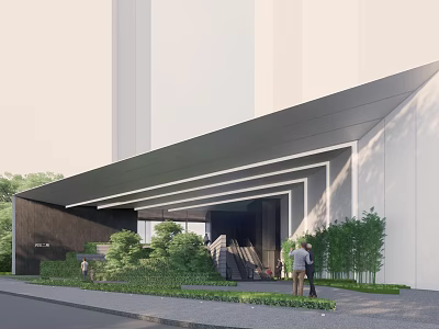 Modern Building Main Entrance With Oversized Canopy And Lush Greenery 3d model