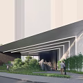 Modern Building Main Entrance With Oversized Canopy And Lush Greenery