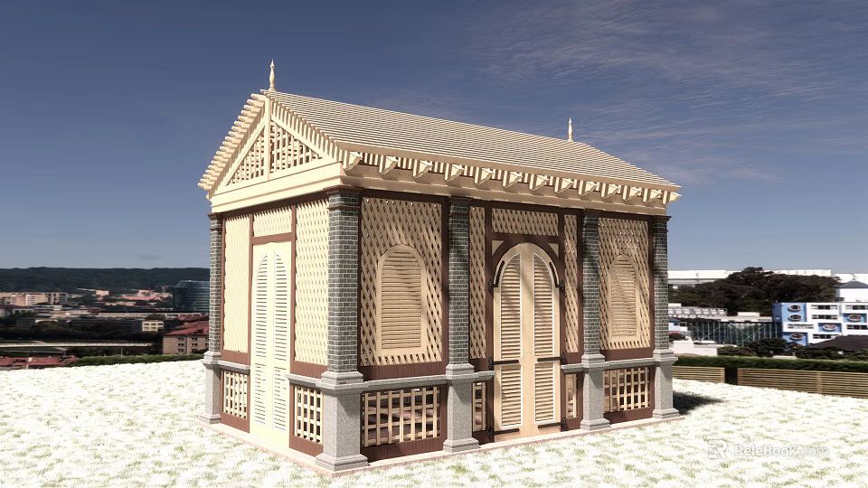 Traditional Chinese Ancient Architecture With Classic Roof Lattice Windows Carved Decorations And Stone Base 3d model 