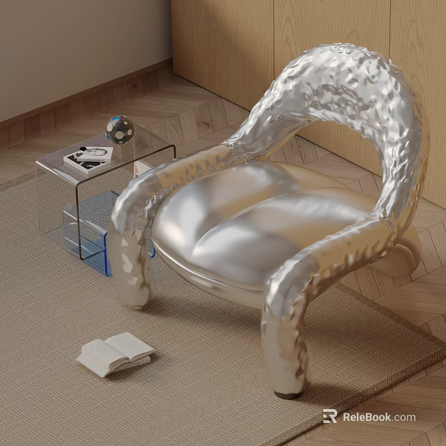 Modern Silver Textured Leisure Chair With Glass Side Table Globe And Open Book On Rug 3d model 