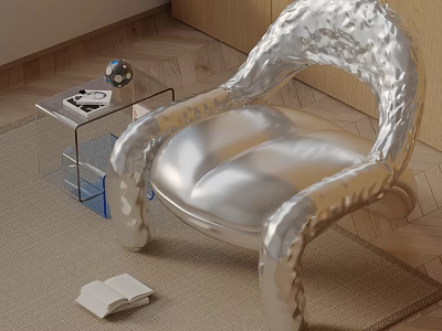 Modern Silver Textured Leisure Chair With Glass Side Table Globe And Open Book On Rug 3d model