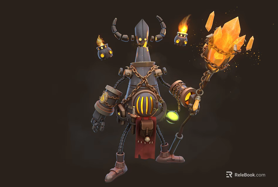 Mechanical Horned Character And Steampunk Creature With Glowing Eyes Holding Torch And Lanterns 3d model 