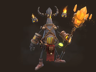 Mechanical Horned Character And Steampunk Creature With Glowing Eyes Holding Torch And Lanterns 3d model