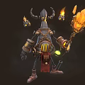 Mechanical Horned Character And Steampunk Creature With Glowing Eyes Holding Torch And Lanterns