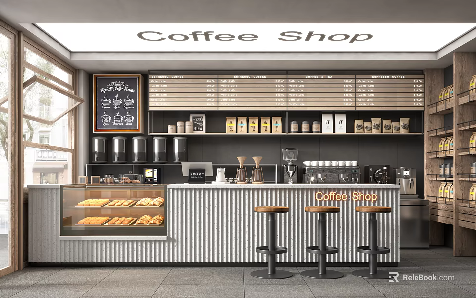 Modern Coffee Shop Interior With Open Counter Coffee Machine Bean Jars Pastry Display And Stools 3d model 