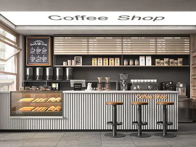 Modern Coffee Shop Interior With Open Counter Coffee Machine Bean Jars Pastry Display And Stools 3d model