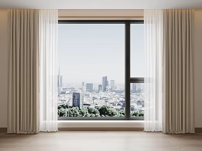 Light Colored Curtains For Window In Modern Interior With City Skyline View And Wooden Floor 3d model
