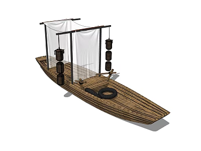 Wooden Boat Design With Wooden Structure White Curtains Black Buckets And Black Tire 3d model