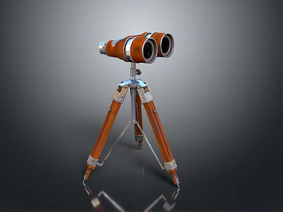 Vintage Orange Binoculars On Silver Tripod For Scenic Landscape Viewing 3d model