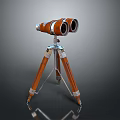 Vintage Orange Binoculars On Silver Tripod For Scenic Landscape Viewing