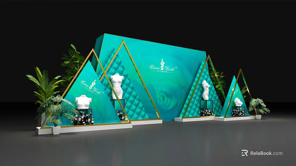Stylish Exhibition Booth With Teal Backdrop Triangular Structures And Mannequins 3d model 
