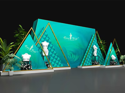 Stylish Exhibition Booth With Teal Backdrop Triangular Structures And Mannequins 3d model