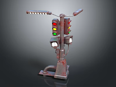 Industrial Traffic Signal Equipment With Red Yellow Green Lights And Street Light Poles 3d model