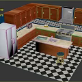 Kitchen Interior With Wooden Cabinets Stainless Steel Refrigerator Island And Black White Checkered Floor