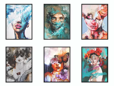 Six Colorful Abstract Portrait Paintings With Decorative Flowers And Butterflies 3d model