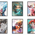 Six Colorful Abstract Portrait Paintings With Decorative Flowers And Butterflies
