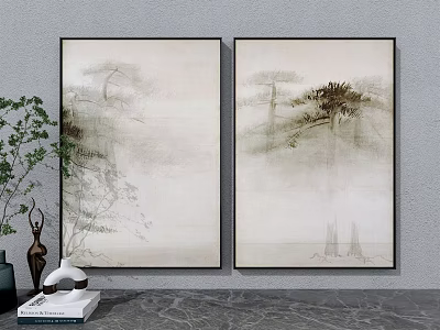 Elegant Two Pieces Chinese Style Plant Paintings With Pine Trees For Wall Decoration 3d model