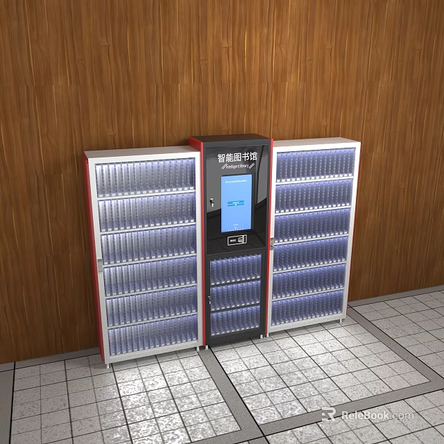 Smart Bookcase With Digital Screen Multiple Shelves Wooden Background And Tile Floor 3d model 