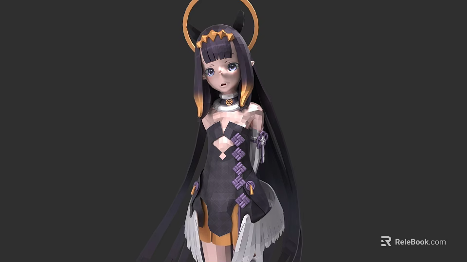 Game Movie Character With Long Black Hair Halo White Wings And Black Orange Outfit 3d model 