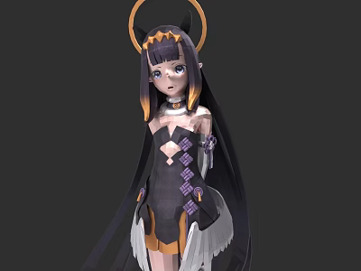 Game Movie Character With Long Black Hair Halo White Wings And Black Orange Outfit 3d model