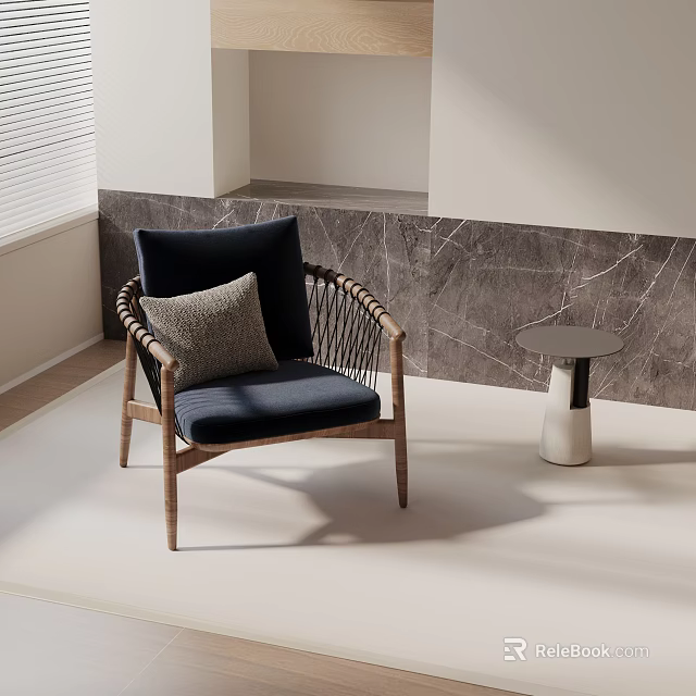 Leisure Chair With Wooden Frame Woven Armrests Navy Blue Cushion Gray Pillow And Round Table 3d model 