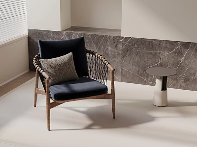 Leisure Chair With Wooden Frame Woven Armrests Navy Blue Cushion Gray Pillow And Round Table 3d model