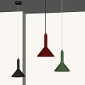 Stylish Cone Shaped Pendant Lights Black Red Green Hanging Against White Wall Background
