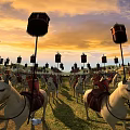 Ancient Battlefield Scene With Soldiers On Horses And Decorative Banners Under Sunset Sky