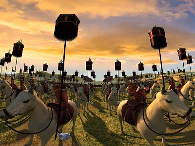 Ancient Battlefield Scene With Soldiers On Horses And Decorative Banners Under Sunset Sky 3d model