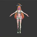 Anime Character with Red Long Hair Blue Accessories Pink Leg Patterns and Arms Outstretched