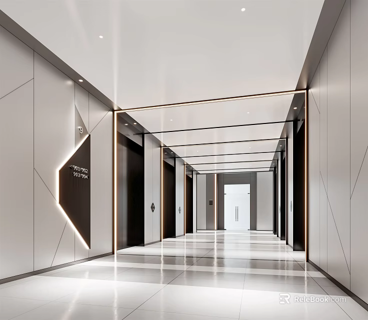 Modern Elevator Corridor With Sleek Doors Recessed Lighting And Polished Tile Floor 3d model 