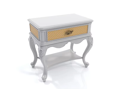 Elegant Light Gray Bedside Table With Woven Drawer Gold Handle And Carved Legs 3d model