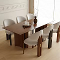 Modern Dining Table And Chair Set Interior With Brown Wooden Top And White Chairs