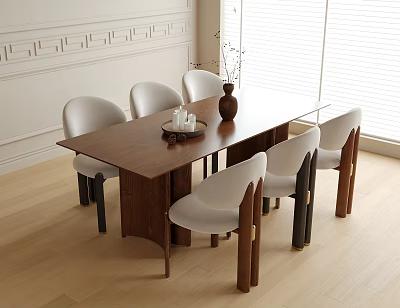Modern Dining Table And Chair Set Interior With Brown Wooden Top And White Chairs 3d model