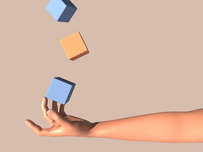 Man Juggling Three Blue And Orange Cubes With One Hand In The Air 3d model