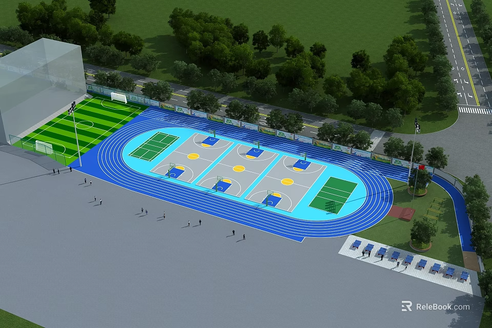 Spacious Modern Outdoor Sports Ground With Blue Running Track Basketball Courts And Football Field 3d model 