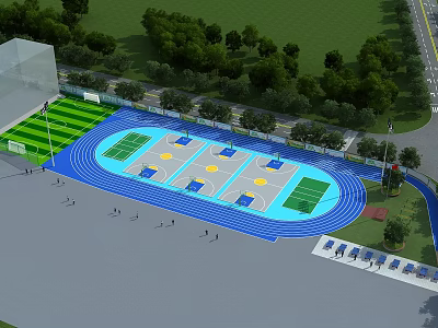 Spacious Modern Outdoor Sports Ground With Blue Running Track Basketball Courts And Football Field 3d model