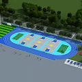 Spacious Modern Outdoor Sports Ground With Blue Running Track Basketball Courts And Football Field