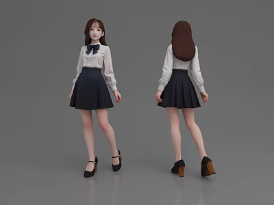 Woman In White Shirt And Black Pleated Skirt With Black High Heels Front Back View 3d model