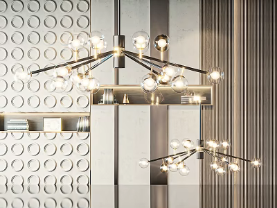 Modern Metal Frame Chandelier with Spherical Bulbs Over Geometric Patterned Wall and Reflective Surface 3d model