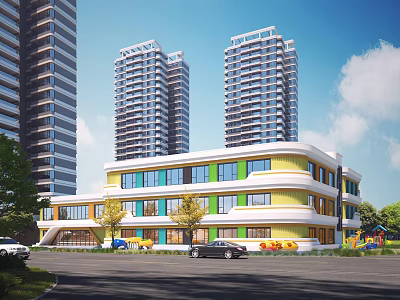 Modern School Building With Yellow Green And Blue Exterior Surrounded By Trees In Urban Area 3d model