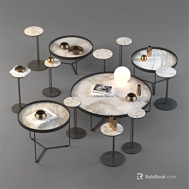 Elegant Modern Round Dining Table With Marble Top Black Metal Legs And Side Tables 3d model 