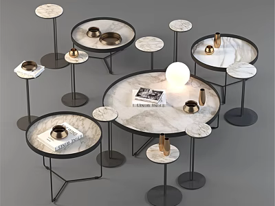 Elegant Modern Round Dining Table With Marble Top Black Metal Legs And Side Tables 3d model